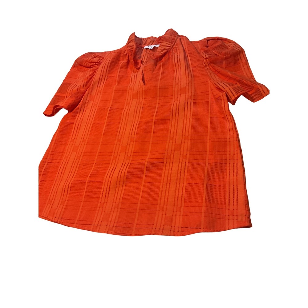 THML Orange Plaid Sheer Puff Sleeve Mock Neck Top XS